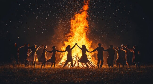 A group of people holding hands around a large bonfire on a starry night