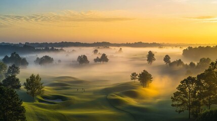 Fototapeta premium A panoramic view of a golf course at sunrise, with mist hanging over the fairways and golfers starting their round, creating a serene and picturesque scene.