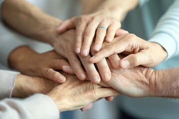 Close-up of multiple hands stacked on top of each other, symbolizing unity, teamwork, and support.