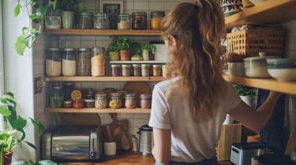 Obraz premium woman organizing her kitchen cabinets, putting items in order