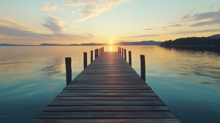 Wooden pier extending over calm water at sunset. background with beautiful landscape