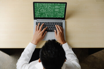 Mathematic equations and modish formula on computer screen showing concept of science and education