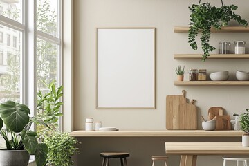Minimalist Kitchen interior with Poster Mockup created with Generative AI