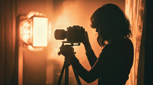 Retro analog film, Silhouette of a photographer adjusting vintage camera