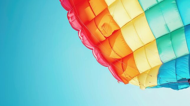 a close up of an open rainbow parachute, seen from a low angle, clear sky, light blue, the parachute is rainbow , we see a man with bagpack held by parachute,
