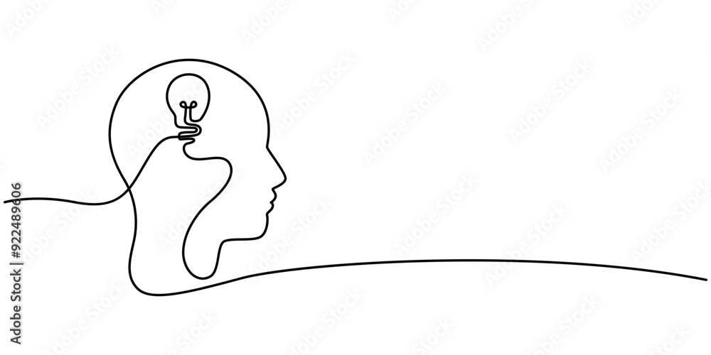 Poster head with a light bulb icon line continuous drawing vector. one line light head icon vector backgrou