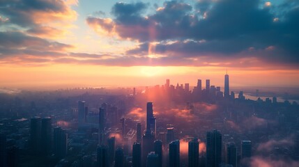 Fototapeta premium breathtaking view of a city skyline at dawn with the first rays of sunlight