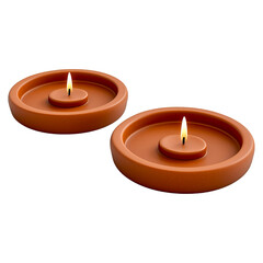 Two orange diwali diya candle with glowing candles isolated on png transparent background