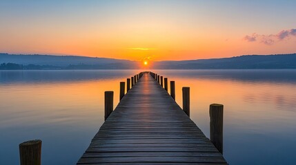 Obraz premium Wooden pier extending over calm water at sunset. background with beautiful landscape