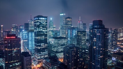 cityscape at night with skyscrapers lit up