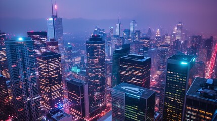 Fototapeta premium cityscape at night with skyscrapers lit up