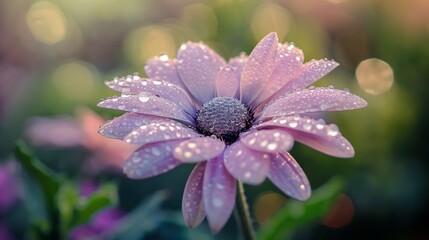 close-up of a delicate flower with dew drops glistening