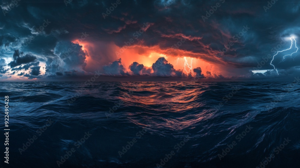 Poster A panoramic view of a stormy sea with lightning illuminating the dark clouds, creating a dramatic and electrifying contrast between the storm and the ocean.