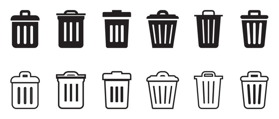 A collection of trash bin icons. Recycling bin with lines.