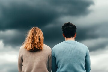 A contemplative moment between two individuals, gazing at a dramatic sky, capturing emotions of connection and uncertainty.