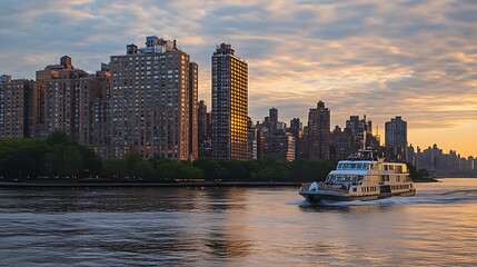 Fototapeta premium A Ferry Boat Sailing Past High-Rise Buildings at Sunset