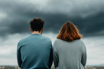 Fototapeta premium A couple sits together, gazing at a dramatic sky, symbolizing connection and contemplation amidst nature's beauty.