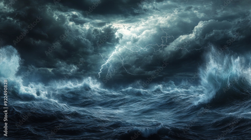 Poster A panoramic view of a stormy sea with lightning illuminating the dark clouds, creating a dramatic and electrifying contrast between the storm and the ocean.