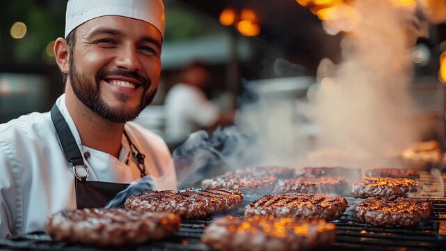 The chef smiles as he cooks sizzling burgers on an outdoor grill.