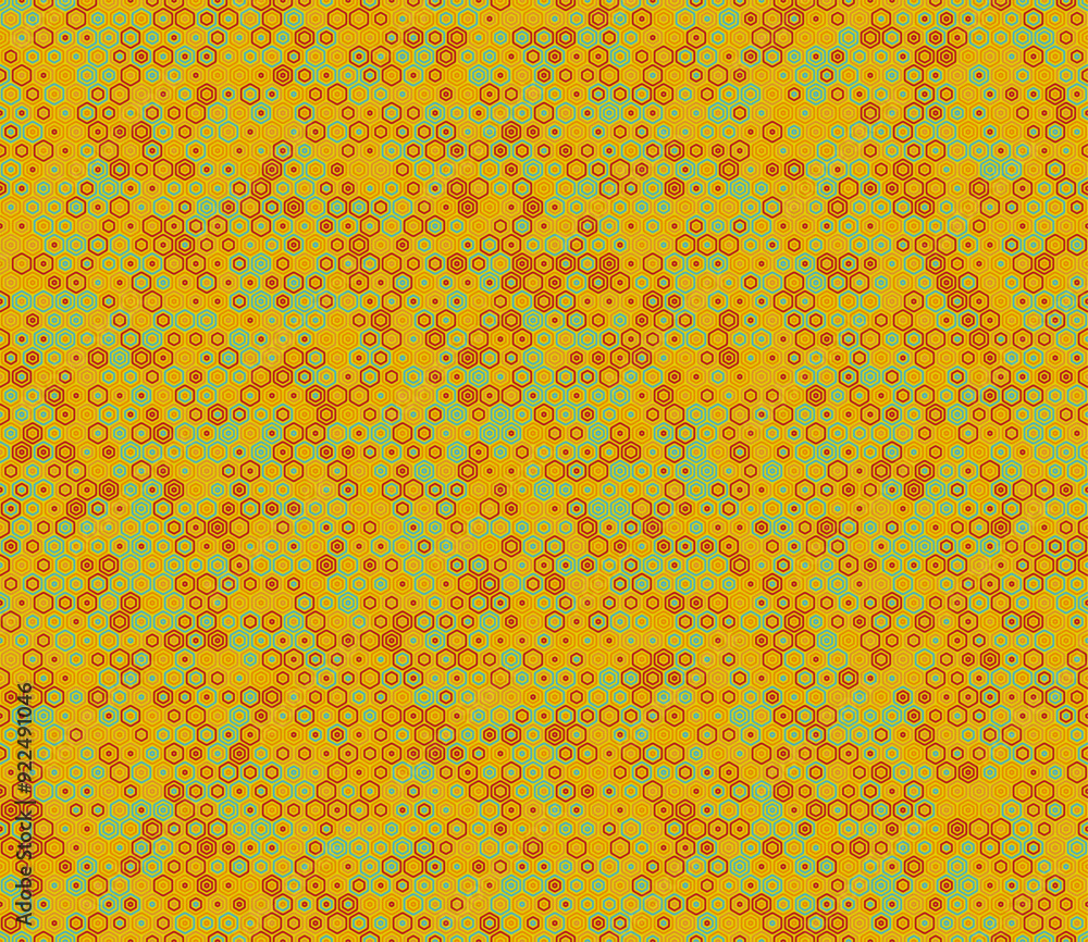 Poster seamless hexagon pattern featuring bold, rounded, stacked hexagon cells in a multicolored palette. a