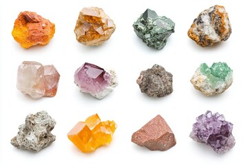 Various colorful mineral stones arranged in a grid, showcasing different textures and hues, perfect for geology and nature-themed content.