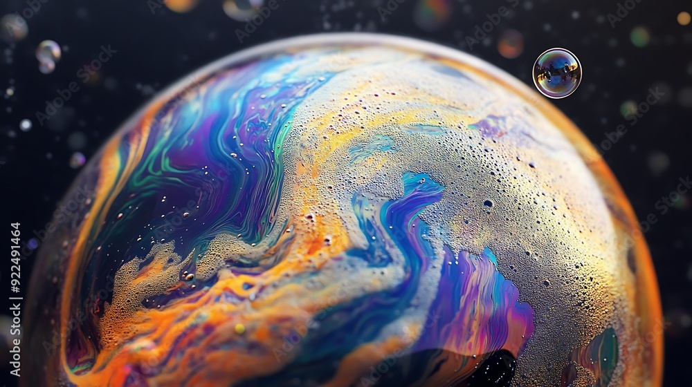 Poster a large multicolored soap bubble with smaller bubbles in the background