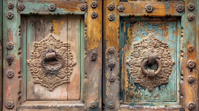 A close-up of an old wooden door with intricate carvings - Powered by Adobe