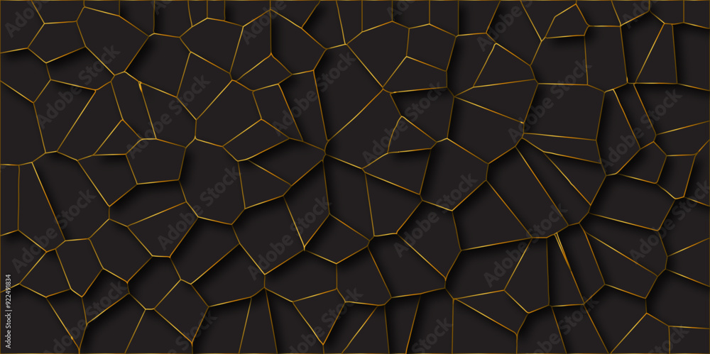 Aufkleber Abstract black background with polygon or vector frame. Texture of geometric shapes golden line with shadows .abstract mosaic pattern. black polygonal design pattern, which consist of triangles..