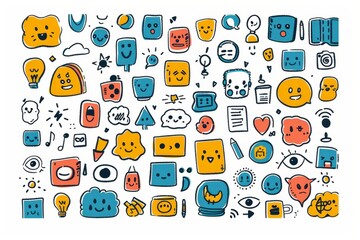 Doodle sketched abstract elements, brush strokes, contemporary art, eyes, faces smear isolated