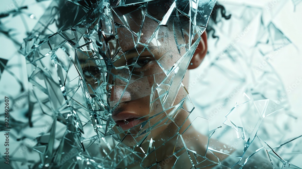 Poster the figure is partially obscured by shards of glass, creating a striking visual interplay of light a