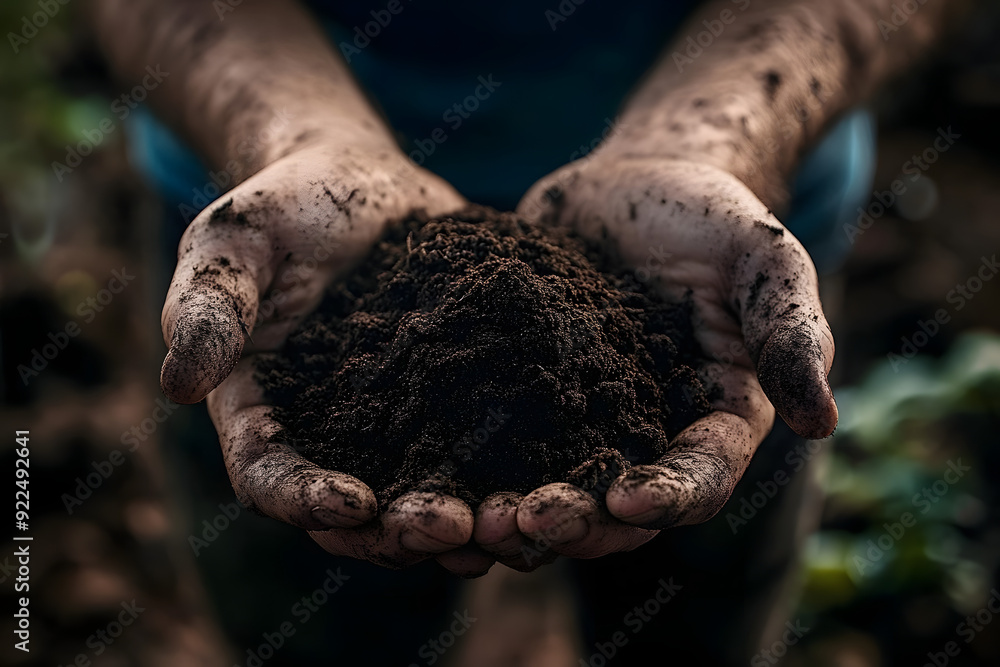 Poster a man holding out his hands filled with soil from a garden