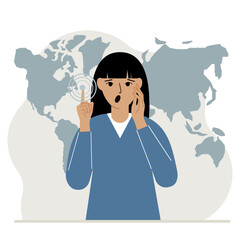 A woman presses his finger on a virtual map of the world. Future, cyber.