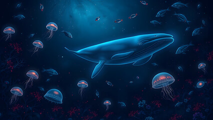 Fototapeta premium A blue whale is swimming in a sea full of jellyfish and fish. The scene is serene and peaceful, with the whale being the focal point of the image