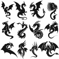 Fototapeta premium Dragons icon silhouette, dino, wyvern symbols, dinosaurs isolated, mythical monster, minimal flat tattoo