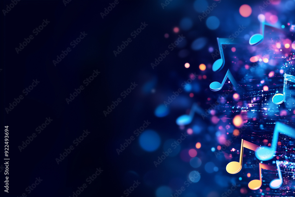 Wall mural music notes in blue dark abstract background banner/design