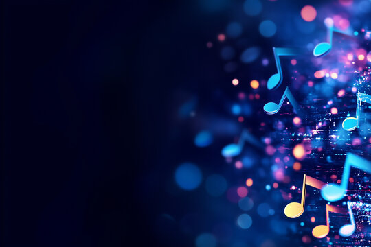 music notes in blue dark abstract background banner/design