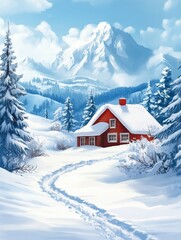 Naklejka premium Snowy Cabin in the Mountains