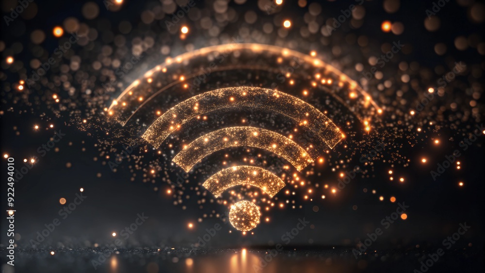Poster abstract orange particle swarm forming wifi symbol - tech glow connectivity concept on dark backgrou
