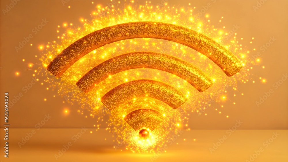 Poster abstract orange particle swarm forming wifi symbol - tech glow connectivity concept on dark backgrou