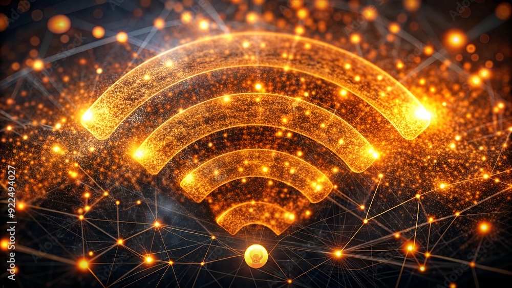 Poster abstract orange particle swarm forming wifi symbol - tech glow connectivity concept on dark backgrou