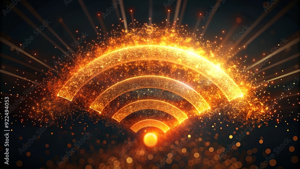 Poster abstract orange particle swarm forming wifi symbol - tech glow connectivity concept on dark backgrou