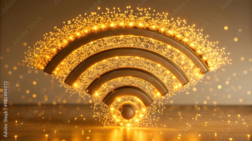 Poster abstract orange particle swarm forming wifi symbol - tech glow connectivity concept on dark backgrou
