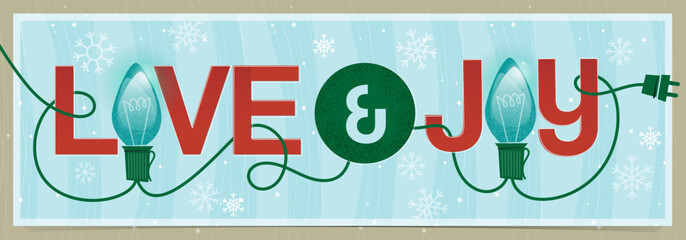 String of Green Christmas Light wrapped around words Love & Joy; Stars and Snowy background; Retro Christmas, Mid-century modern design and layout with retro Christmas lights