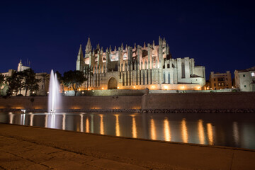 Cathedral of Palma de Mallorca at night. The Cathedral of Santa Maria of Palma is a gothic roman catholic cathedral in Palma, Mallorca, Spain.