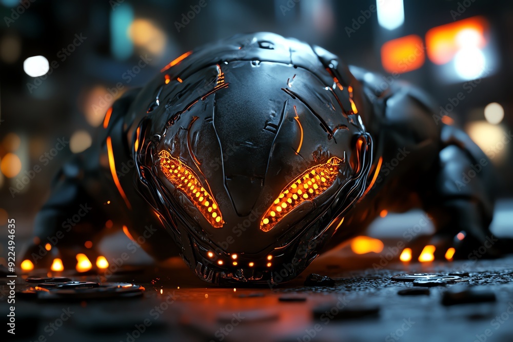 Poster a futuristic robotic creature with glowing orange lights prowling in a dark, cyberpunk city setting.