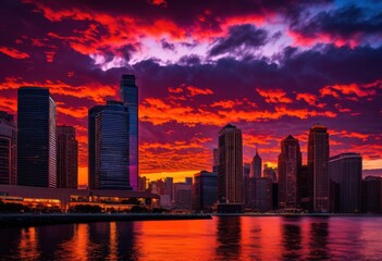 Fototapeta premium stunning vibrant city silhouettes set bold sunset hues creating dramatic urban landscape, skyline, colors, dusk, horizon, light, scene, reflection