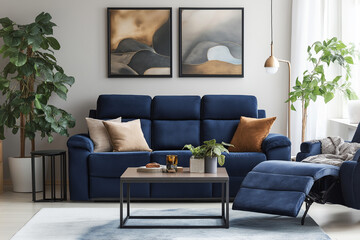 Modern Living Room with Navy Blue Sofa and Minimalist Decor
