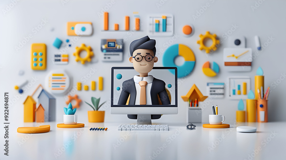 Poster 3d flat icon analyst with data video call concept on whimsical background for online meetings isolat