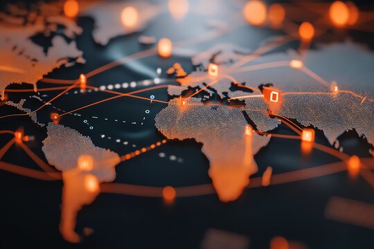 A global map with trade routes connected by digital lines, symbolizing the international reach of B2B e-commerce, e-commerce, online global B2B trade