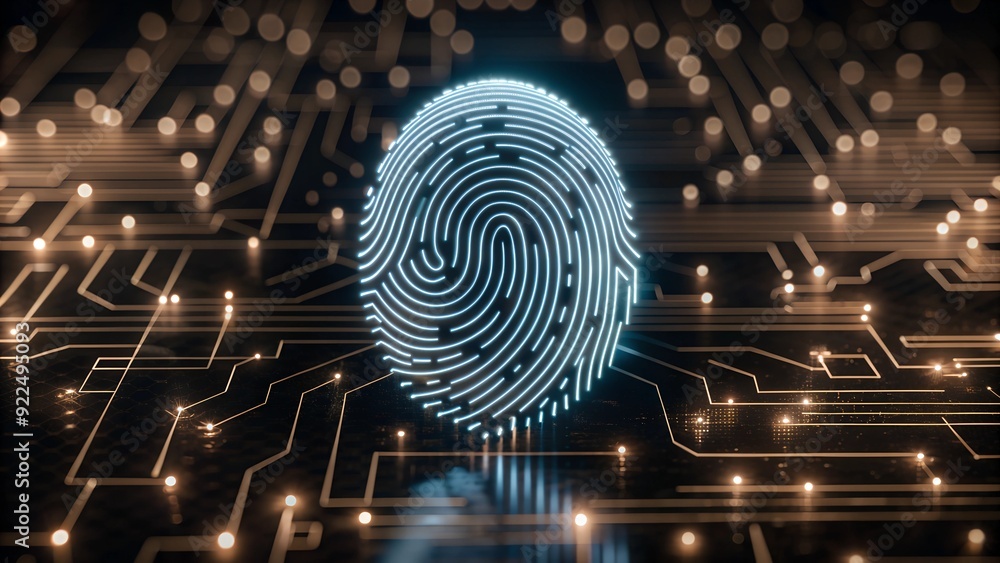 Poster glowing blue and white fingerprint pattern - neon cyber technology background for personal data secu